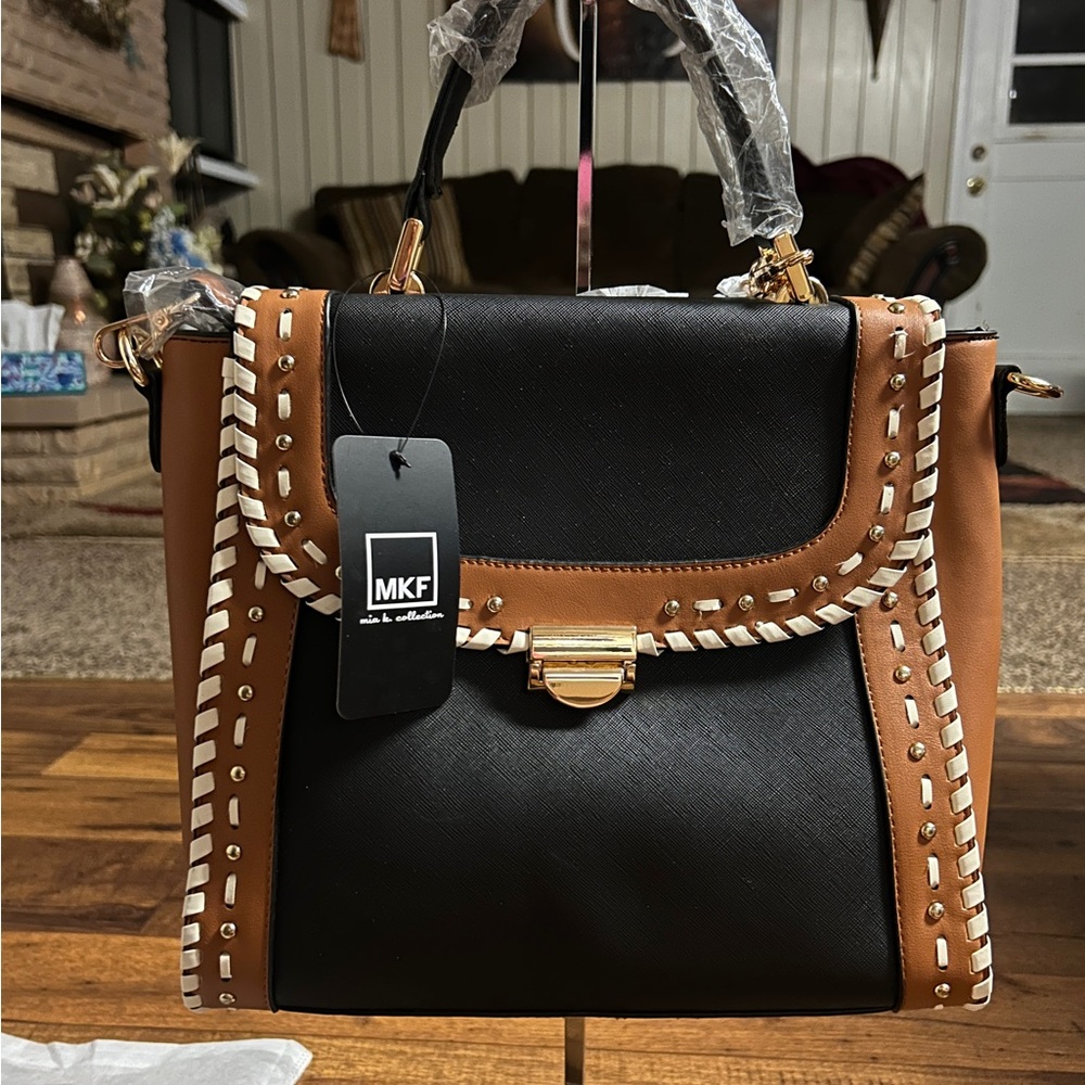 MKF Collection by Mia K Flora ~ Brown/Beige Leather W/ Flora Satchel Bag ~ New - Picture 4 of 16